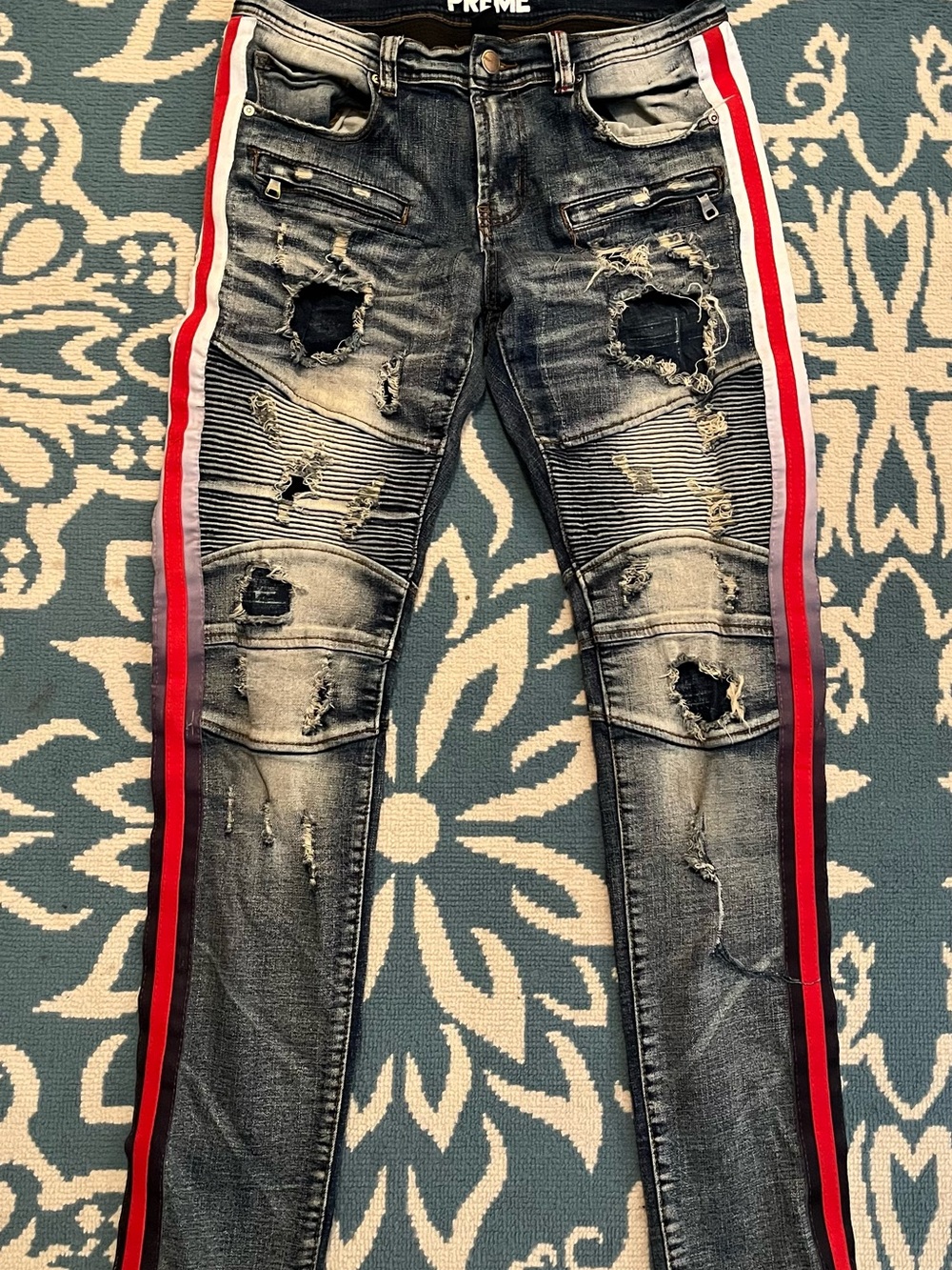 PREME Men's Distressed Skinny Jeans with Red and White Stripes